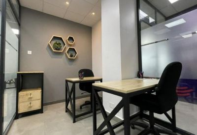 Private office space with wooden desks, black chairs, and decorative hexagonal wall planters.