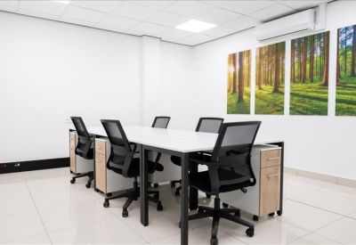 Bright four-person office suite with light wood pedestals and forest-themed wall art.