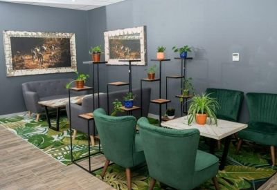 Stylish lounge area with green velvet chairs, botanical rug, and wooden accents.