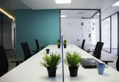 Bright coworking space with long white desks, black chairs, and small potted plants.