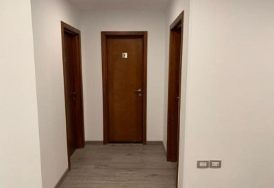 Modern corridor featuring dark wood doors and light gray flooring.