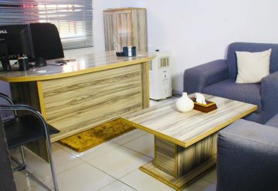 Bright private office suite with a wood-grain desk, blue armchair, and coffee table.