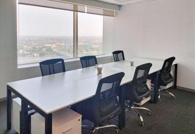 Private office suite with a large window offering a panoramic city view.