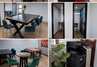 Communal breakout areas including a coffee bar, phone booths, and lounge seating.