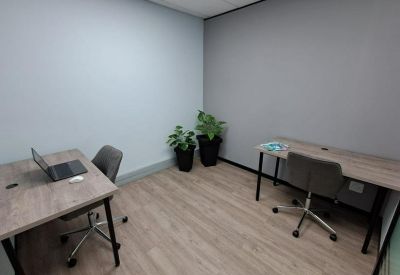 Private office suite featuring two wooden desks and potted plants.