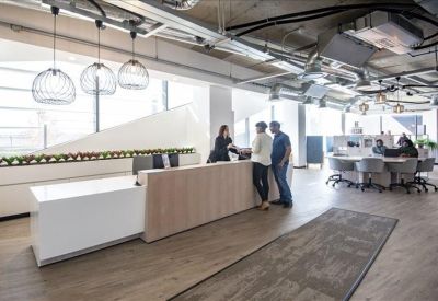Sleek reception area with a minimalist white and wood front desk.