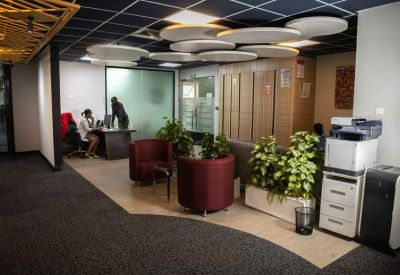 Spacious reception area with maroon armchairs, potted plants, and modern circular ceiling lights.