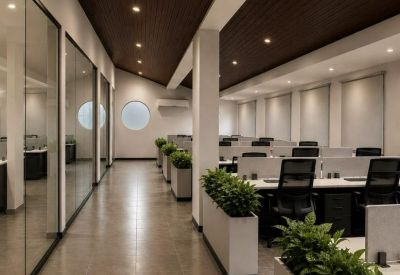 Bright open-plan office space featuring integrated planters and dark wood ceilings.