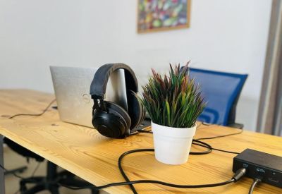 Close-up of a desk with headphones, a laptop, and a potted plant.