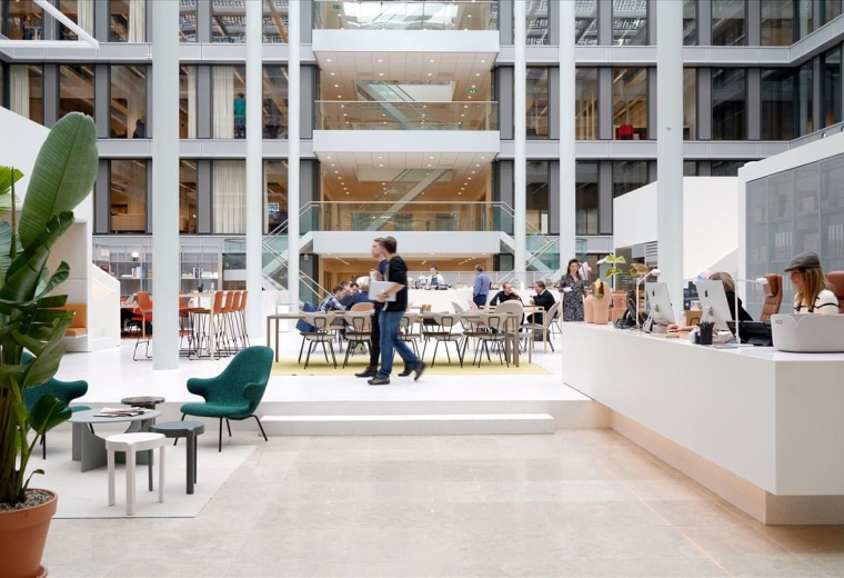 Spacious, bright lobby at Olin Social District, Gamal Abdel Nasser Axis, New Cairo.