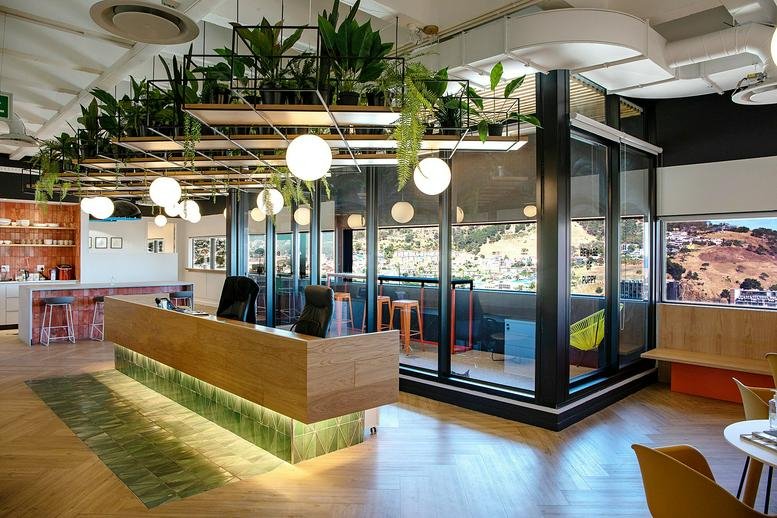 Reception area at Atterbury House, 9 Lower Burg Street, with wood desk, hanging plants, and sphere lighting.