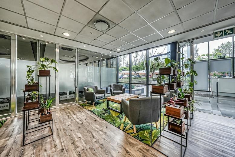 Bright breakout space with comfortable seating, indoor plants, and floor-to-ceiling windows.