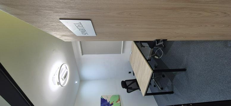 Entrance view of a private office suite with a wooden door and overhead lighting.