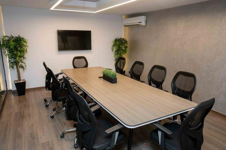 Spacious meeting room with a wooden table, ergonomic chairs, and indoor plants at 16 El Khartoum Street.