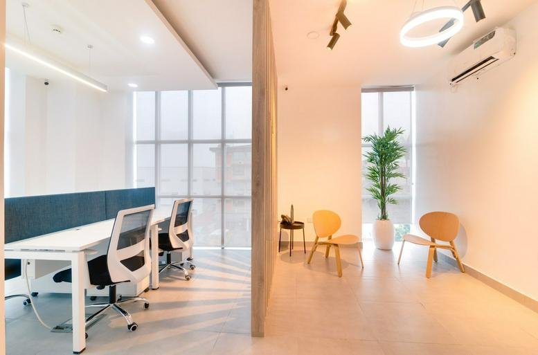 Bright coworking area with white desks, ergonomic chairs, and a tall indoor plant.