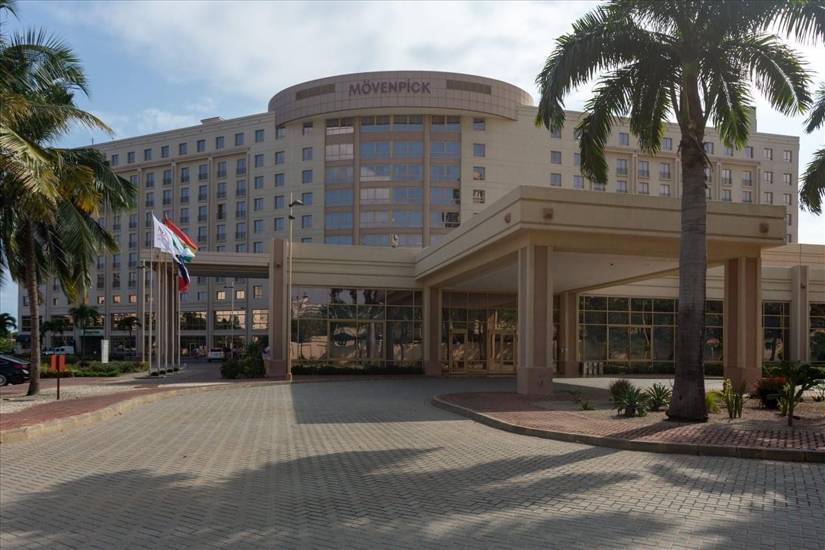Exterior view of the grand multi-story Presidential Floor, Mövenpick Ambassador Hotel Accra.