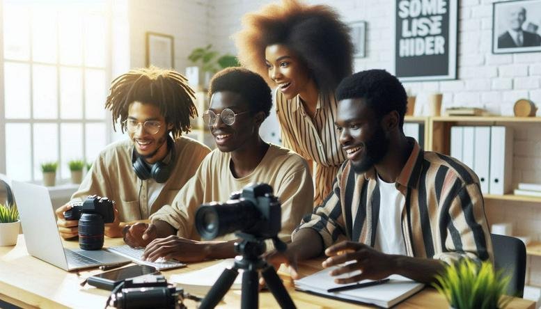 Four young professionals collaborating in a bright, modern creative workspace at Wetland Plaza, Suite 302, Jabi District.