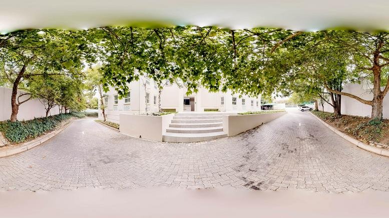 Wide view of the 41 on Sloane building entrance framed by lush green trees.