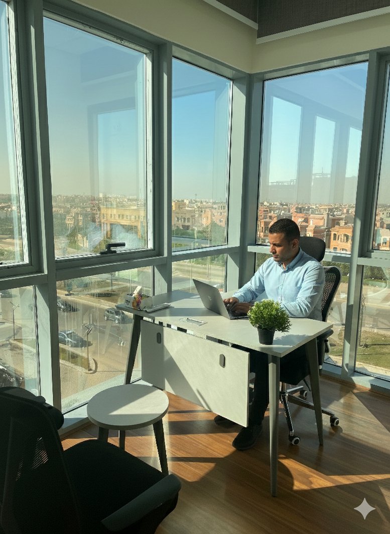 Private office at Lotus 2 Building, North 90th Street, Lotus District, New Cairo featuring floor-to-ceiling windows.