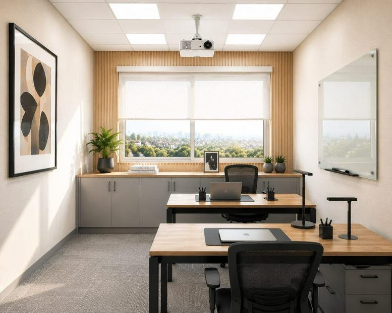 Modern workspace featuring two wooden desks and ergonomic mesh chairs.