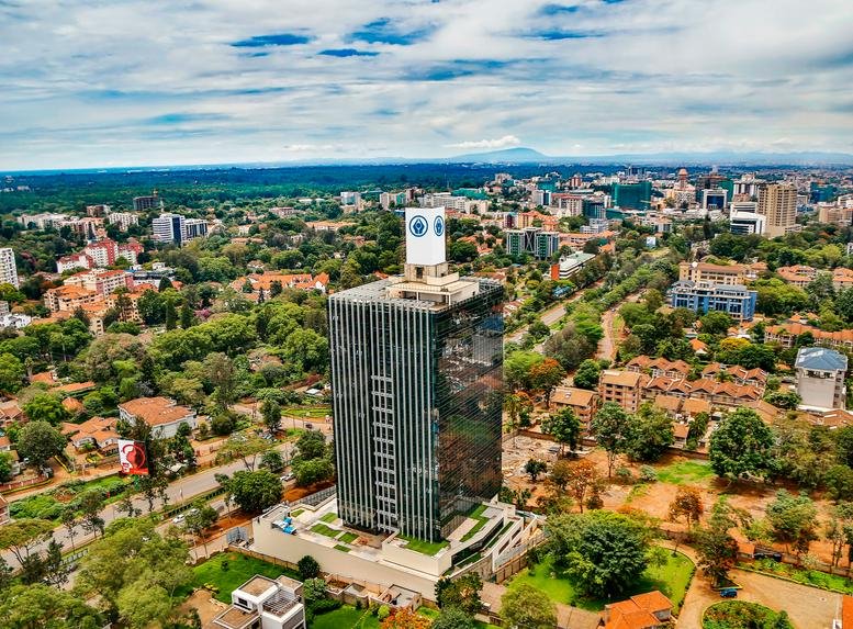 Wide aerial perspective of the Sanlam Tower, Waiyaki Way, Westlands, Nairobi, Kenya.